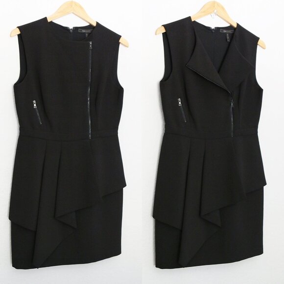 BCBGMaxAzria Black Nikki Zip Front Peplum Mini Dress 10 Stretchy Ponte Y2K $298 - Picture 5 of 14